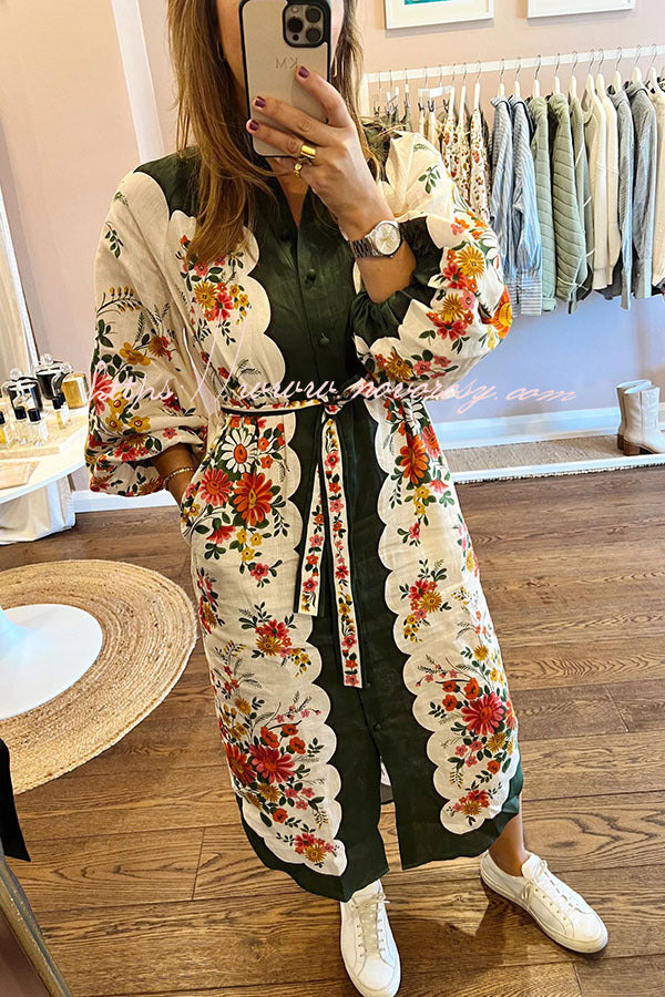 Yamada Floral Point Collar Balloon Sleeve Pocketed Belted Midi Dress
