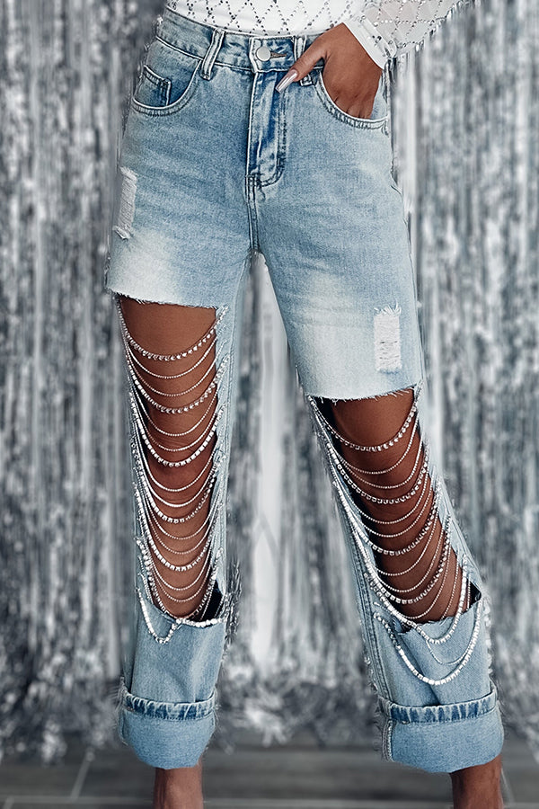 Dripping Diamonds Chain Cut Out Side Pocket Straight Leg Jeans