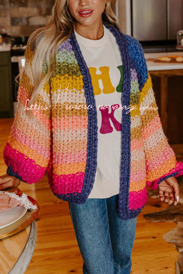 Cozy Daydream Handmade Chunky Knit Colorful Stripe Pattern Cardigan