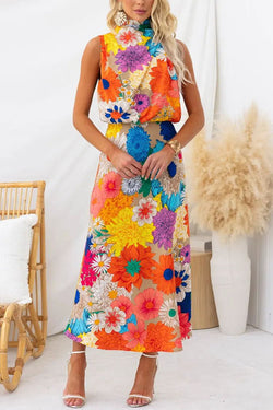 Land of Beauty Floral Print Halter Neck Elastic Waist Party Maxi Dress