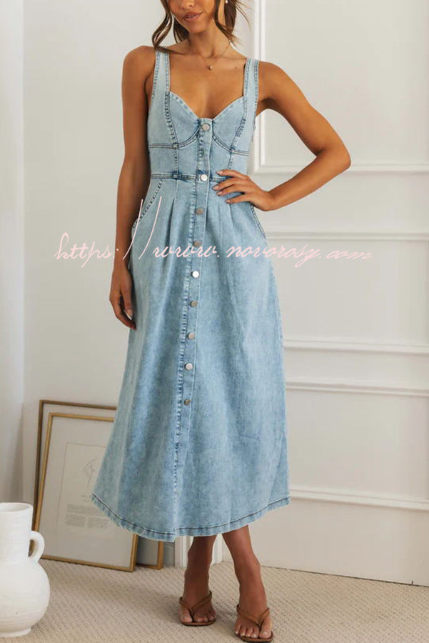 Perfect for Lunch Date Washed Button Back Smocked Pocket Denim Midi Dress