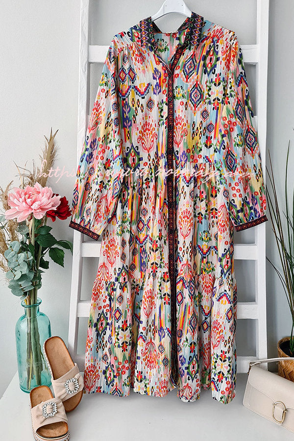 Colourful Inspiration Paisley Printed Long Sleeve Shirt Midi Dress