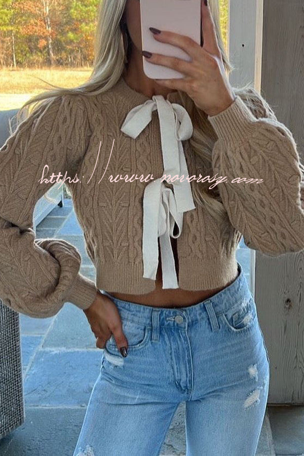 Cute and Warm Knit Cable Bow Detail Crop Sweater