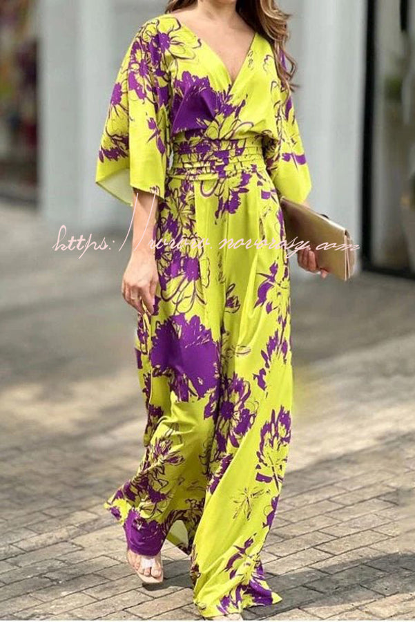 Dolman Sleeved Floral Print Stretch High Rise Maxi Jumpsuit
