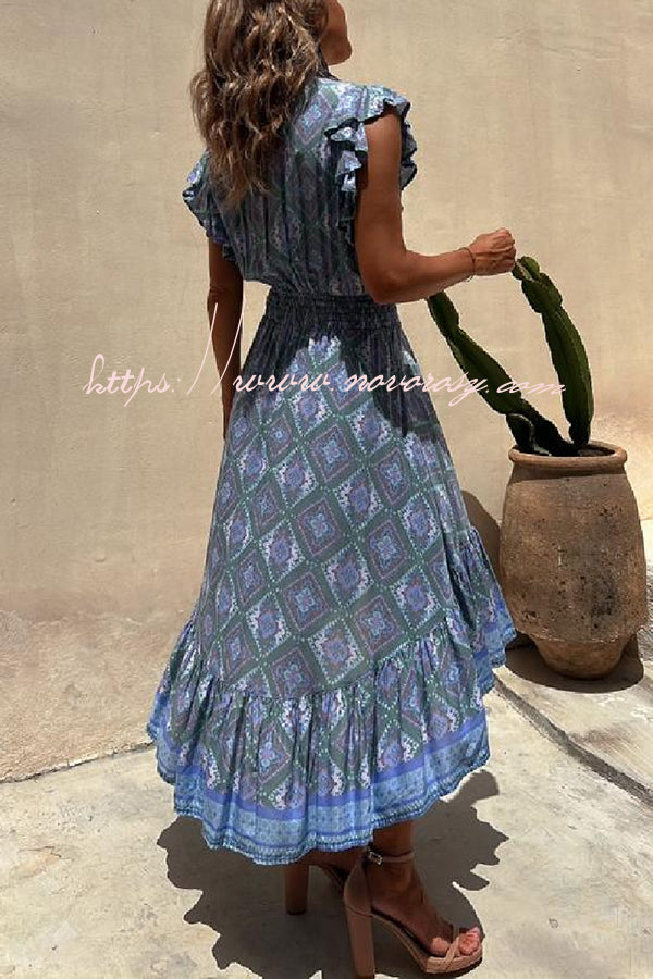 Libby Hippie Boho Printed Tie Front Ruffle Sleeve Smocked Waist Midi Dress