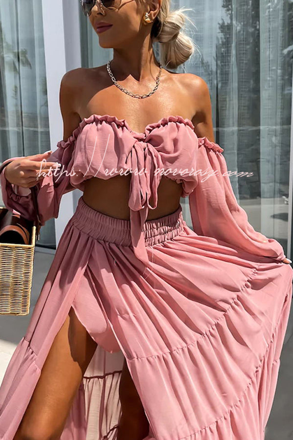 Romantic Vacation Chiffon Front Tie-up Off Shoulder Stretch Croped Blouse