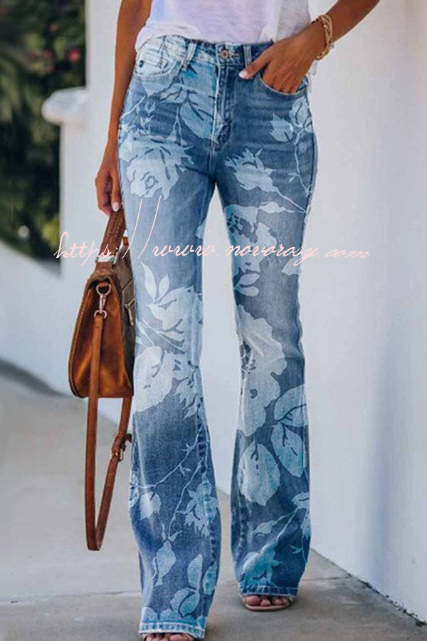 On A Drive Printed Faux Denim High Rise Flare Pants