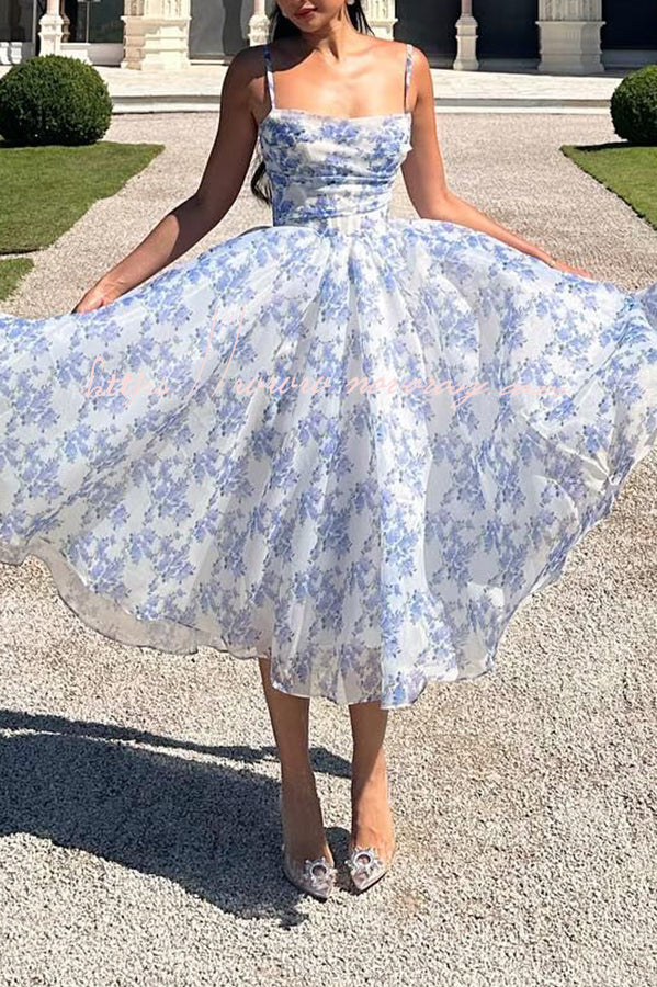 Romantic Mood Tulle Hydrangea Strap Back Lace-up Midi Dress