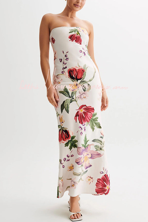 Sicilian Glam Satin Floral Print Strapless Fishtail Maxi Dress