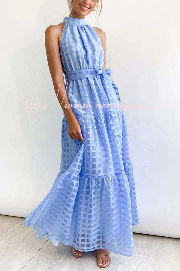 Elena Tulle Square Patterned Fabric Belted Halter Maxi Dress
