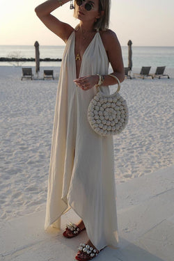 Bali Dreams Linen Blend Leather Tassel Design Halter Backless Beach Maxi Dress