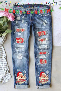 Christmas Print Zipper Button Ripped Patchwork Jeans