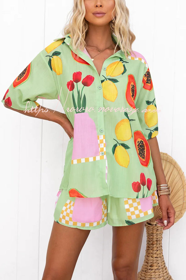 Summer Days Unique Fruit Print Loose Shirt and Elastic Waist Shorts Set