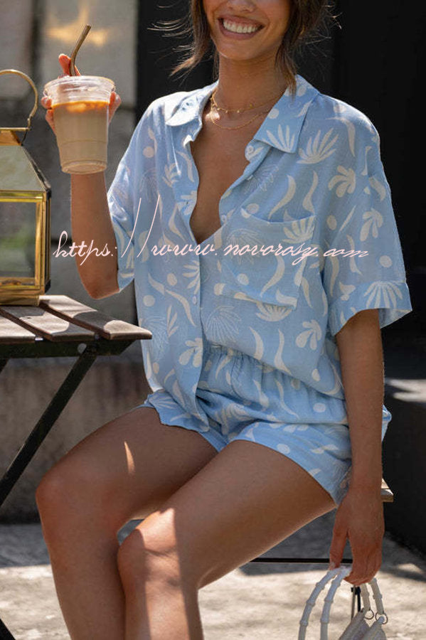 Freedom and Comfort Printed Button Up Blouse and Elastic Waist Pocketed Shorts Set