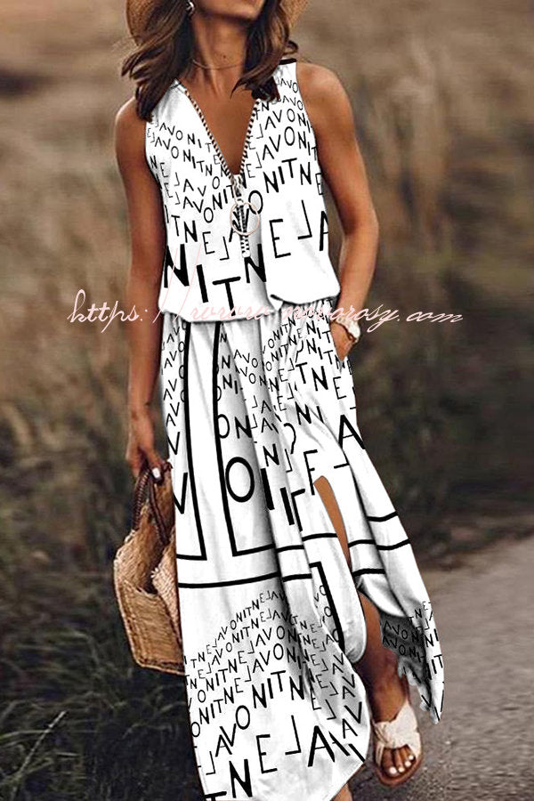 Fashion Modern Letter Print Zipper Neck Daily/Vacation Maxi Dress