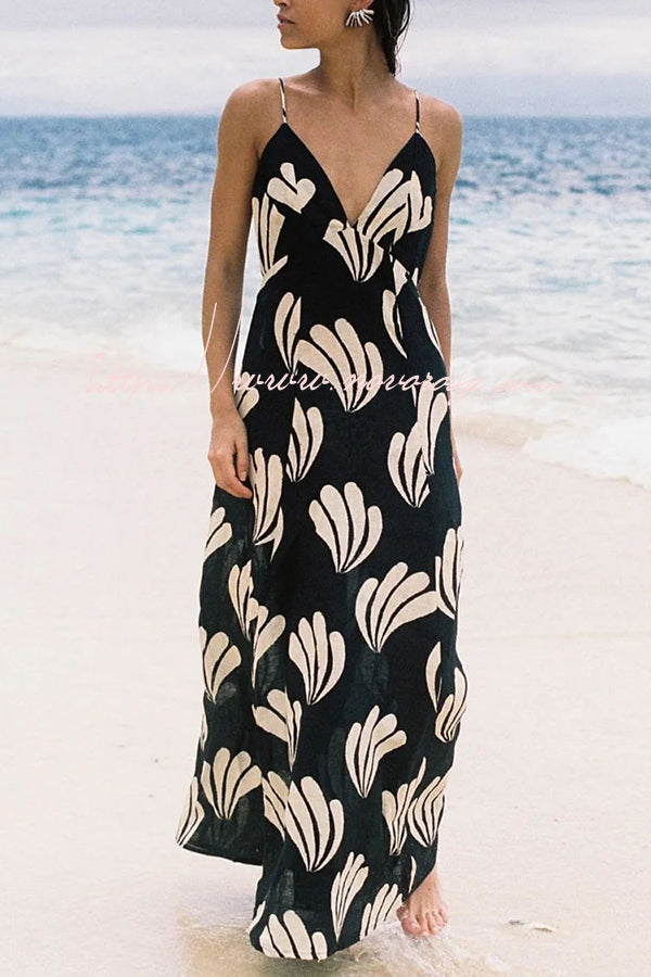 Sunny Palm Linen Blend Backless A-line Loose Maxi Dress