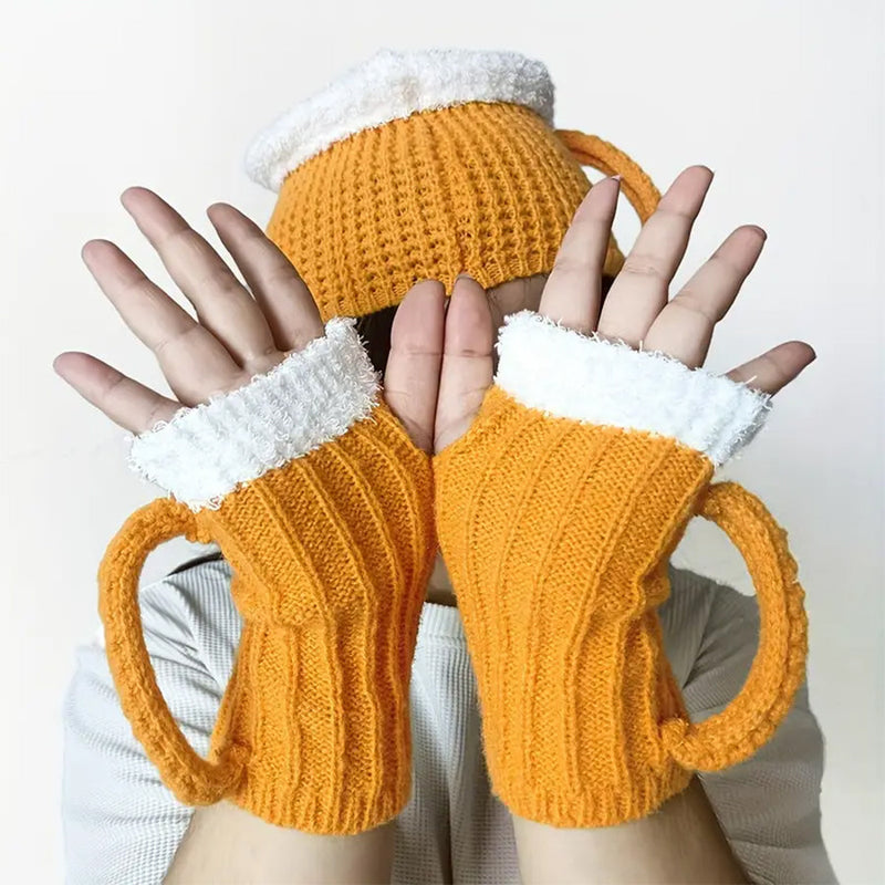 3D Beer Mug Shape Knitted Half Finger Gloves