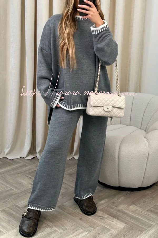 Life Memories Knit Contrast Stitch Trim Pullover Sweater and Stretch Loose Pants Set