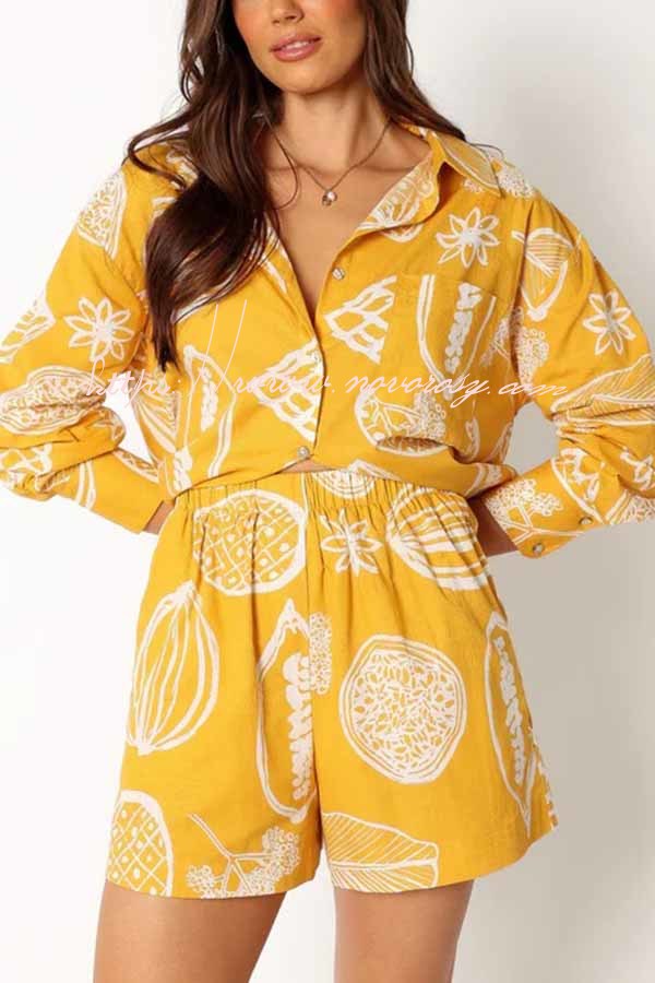 Parkside Pretty Tropical Fruit Print Loose Shirt and Elastic Waist Pocketed Shorts Set