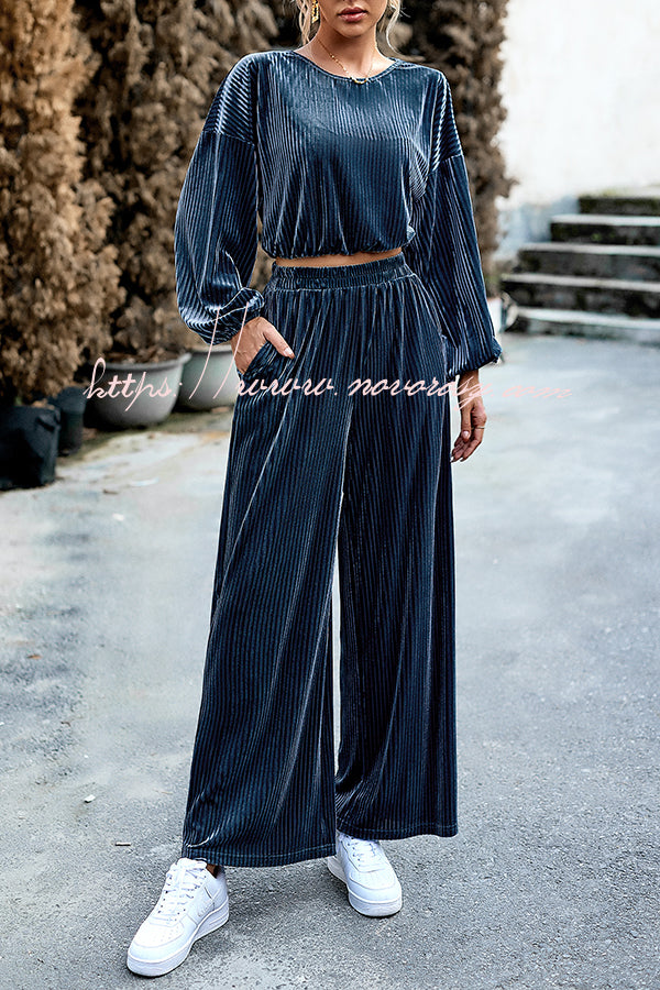 Velvet Long Sleeved Top and Wide Leg Pants Two Piece Set