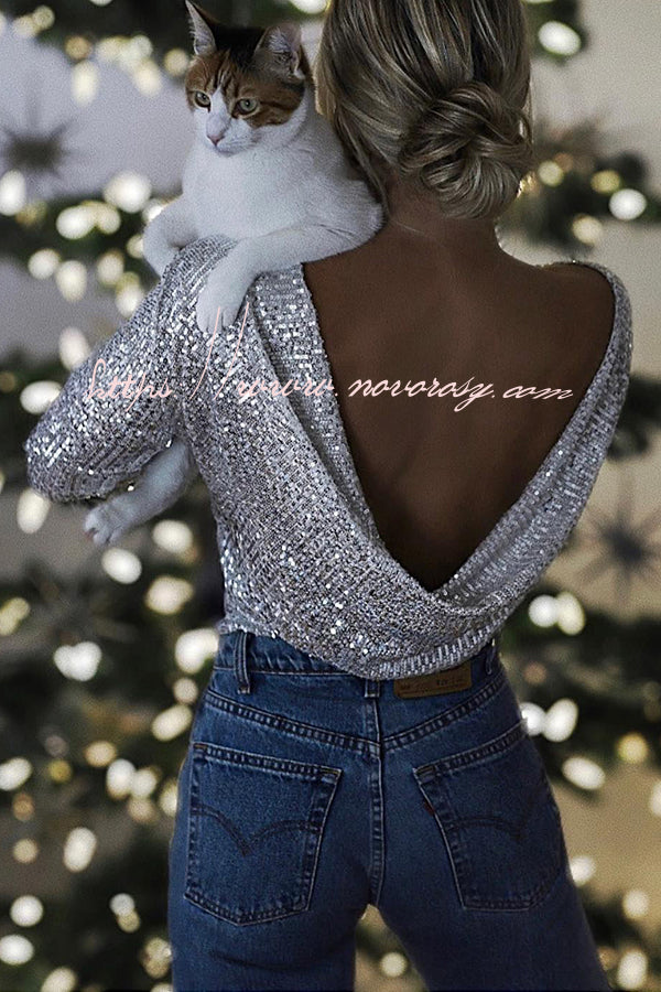 Midnight in London Silver Sequin Cowl Back Bodysuit