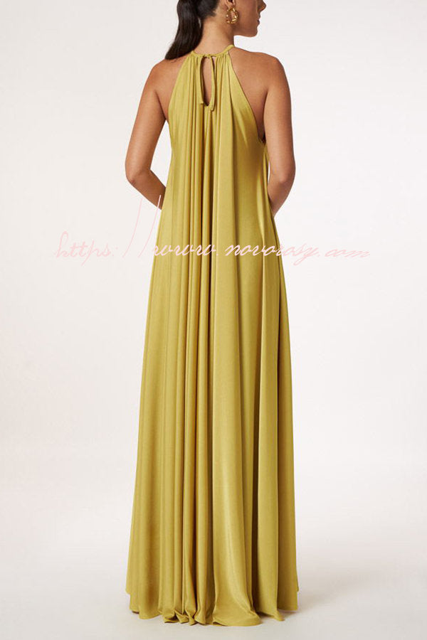 Greek Goddess Distinctive Golden Halter Neck A-line Maxi Dress