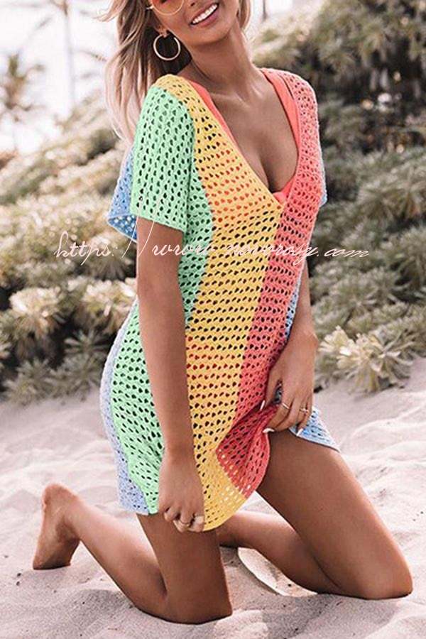 Ocean Whimsy Colorblock Crochet Cover Up Dress