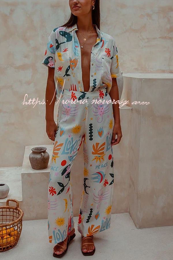Abstract Sea Creature Print Button Pockets Elastic Waist Pant Suit