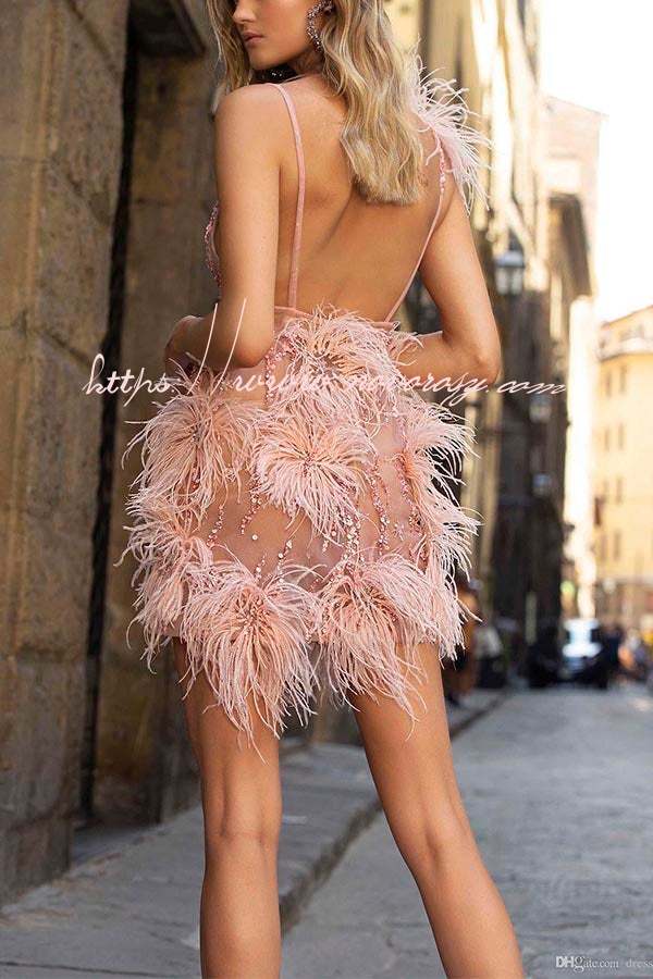 Feather Sling Deep V Neck Party Dress