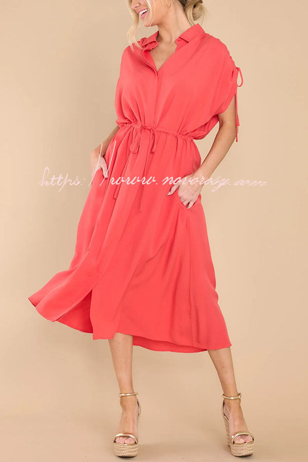 My Favorite Moments Pocketed Ruched Adjustable Waist Midi Dress