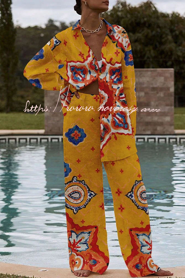 Exotic Unique Printed Buttoned Elastic Waist Pant Suit