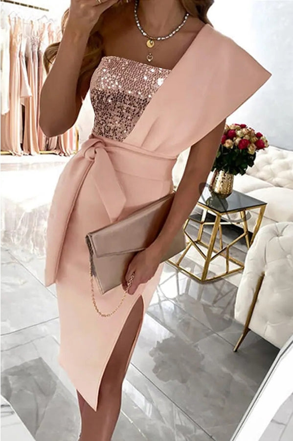 Gorgeous Day Sequins Patch One Shoulder Midi Dress