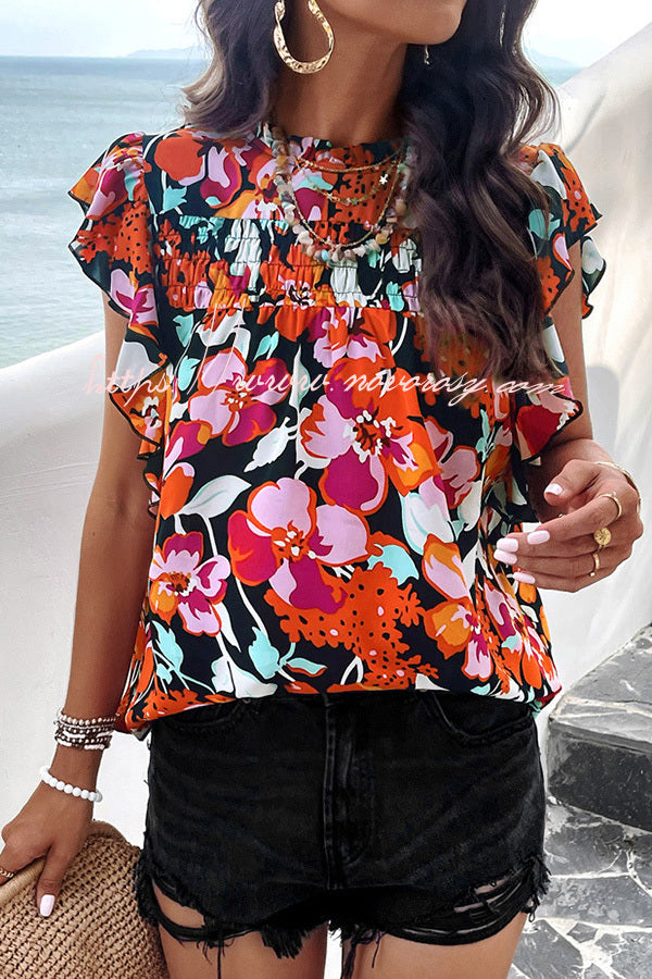 Floral Print Pleated Crew Neck Pullover Top