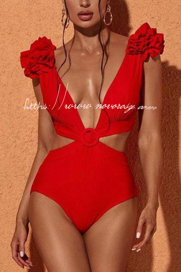 Ruffled V Neck Waist Cutout Solid Hoop Lace Up One Piece Swimsuit