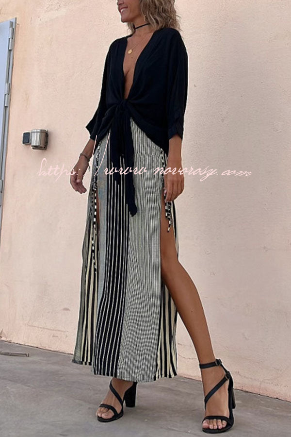 Angel Dust Tie Front Top and Striped Lace-up Slit Skirt Set