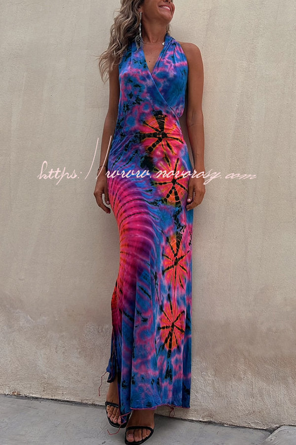 Krista Tie-dye Print Halter Backless Stretch Maxi Dress