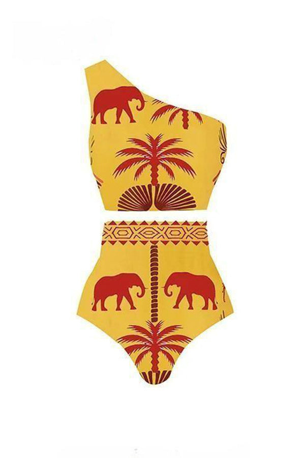 Color Block Art Elephant Print High Waist Bikini And Skirt