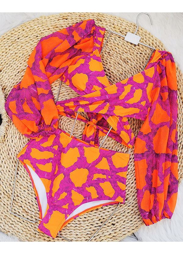 New Beginnings Printed Puffy Sleeve Cross Tie Bikini Set