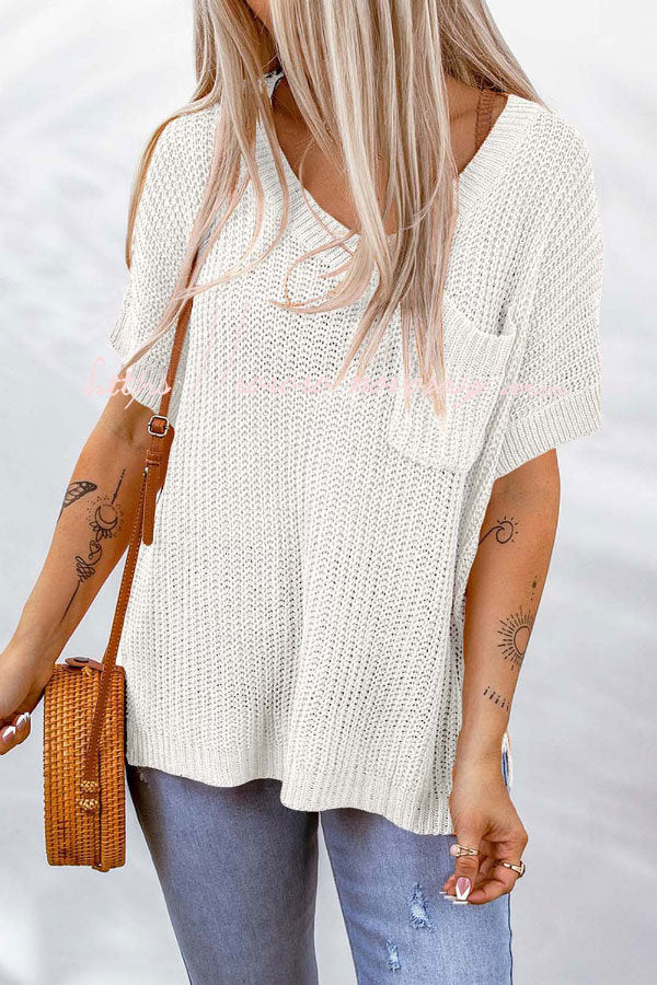 Casual V-neck Solid Color Knitted T-shirt