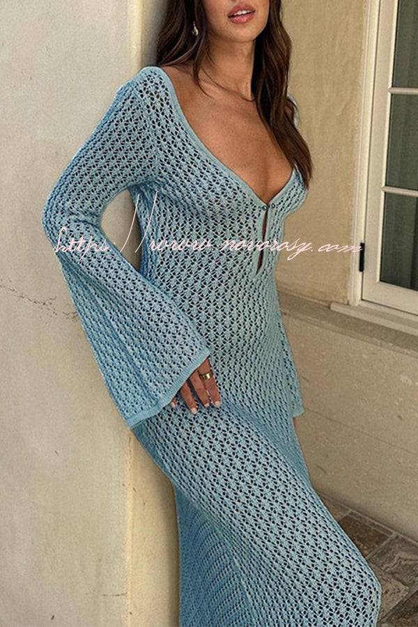 V Neck Button Down Knitted Cutout Long Sleeved Cover Up