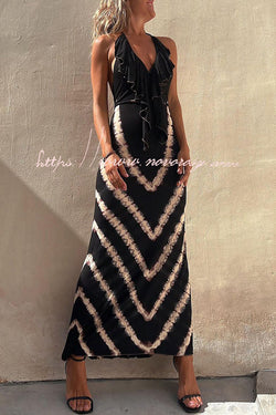 Kyra Ruffle Halter Neck Lace-up Waist Tie-dye Print Maxi Dress