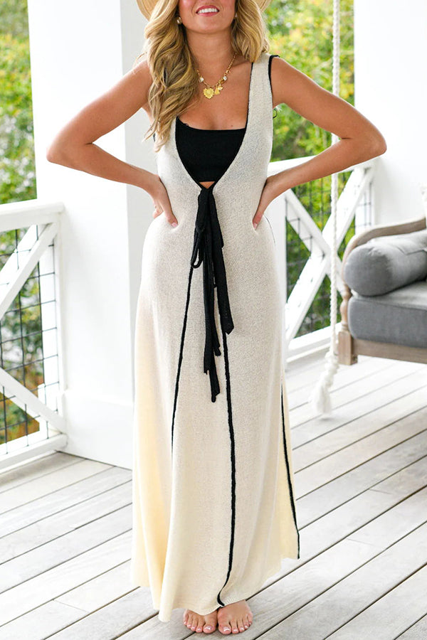 Boat Date Knit Contrast Self Tie Flowy Oversized Maxi Dress