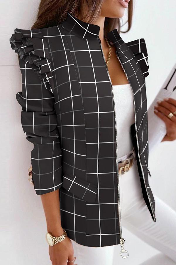 Melrose Plaid Print Ruffles Sleeve Zipper Up Coat