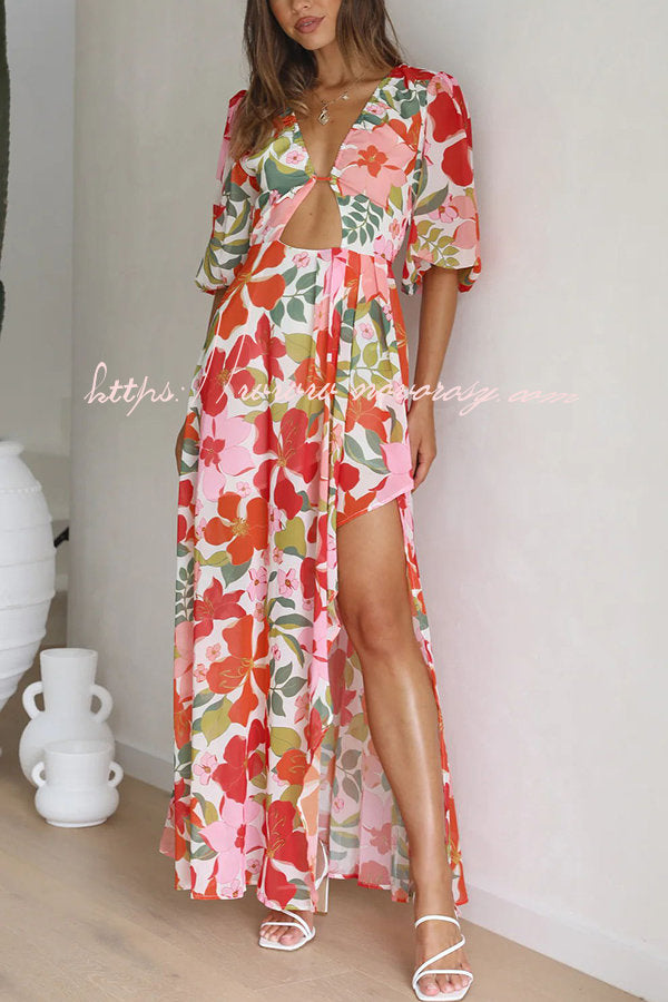 Del Mare Floral Puff Sleeve Front Cutout High Low Maxi Dress