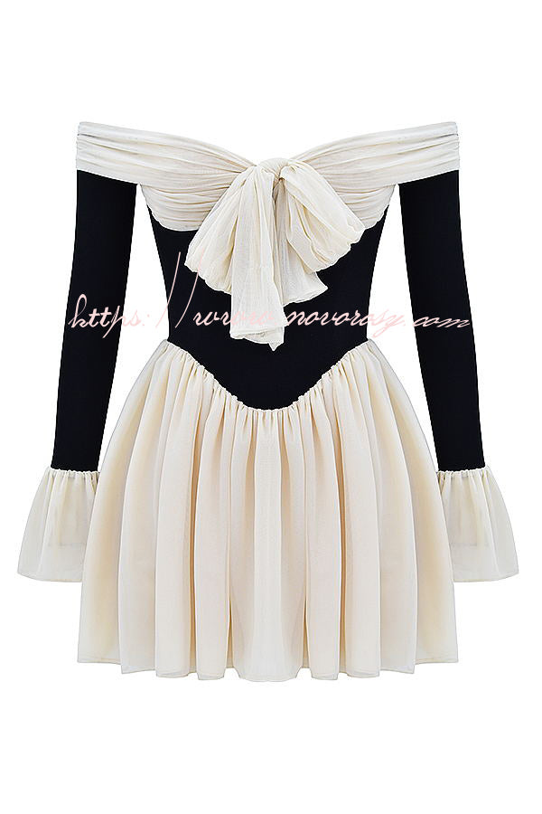 Dreamy Off Shoulder Color Block Bow Long Sleeve Mini Dress