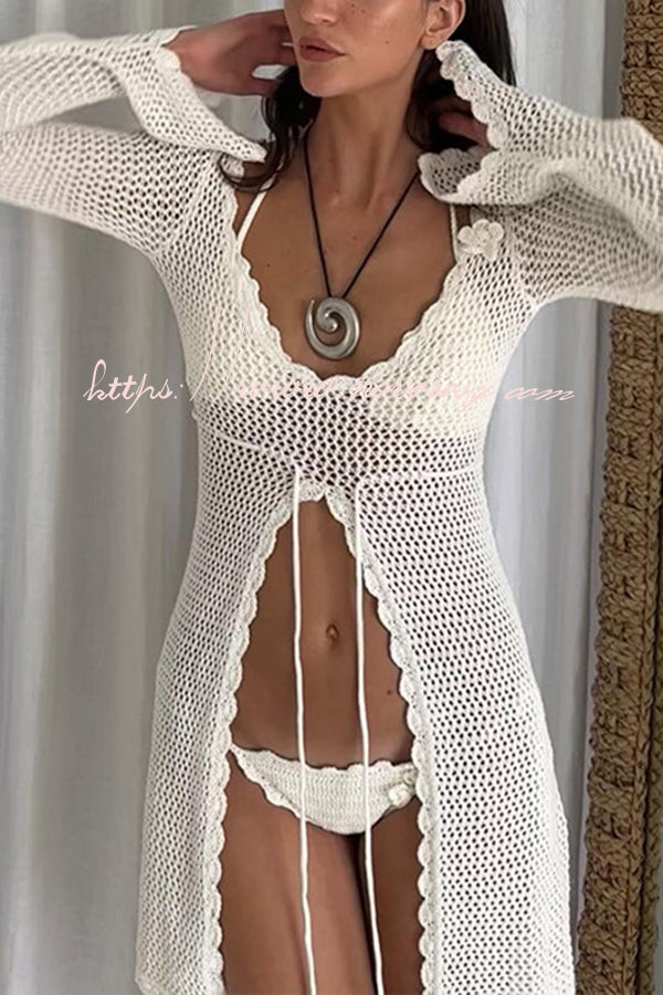 Elegant Knitted Cutout V Neck Lace Up Long Sleeves Cover Ups