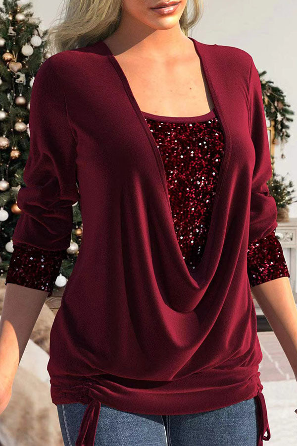 Christina Sequin Drape Neck Ruched Top