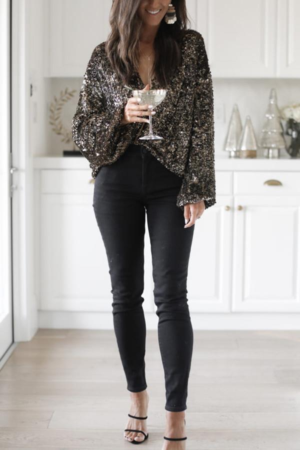 Holiday Glow Sequin V Neck Blouse