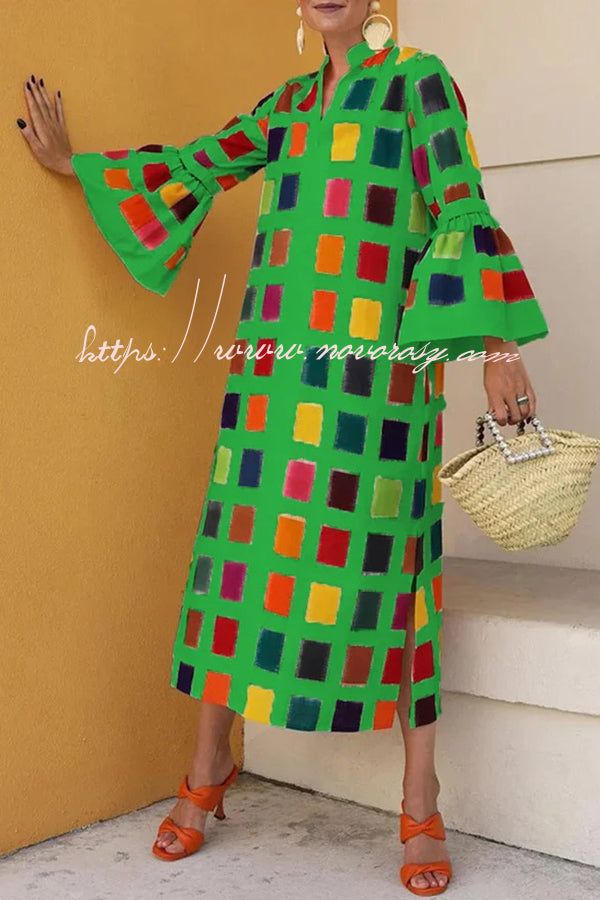 Surprising Colorful V Neck Plaid Bell Sleeve Slit Maxi Dress