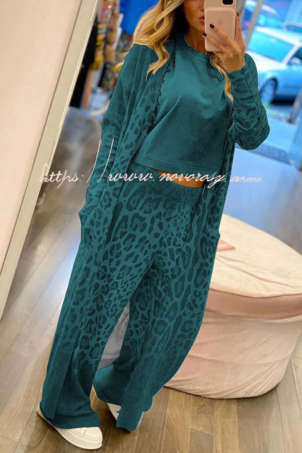 Comfort first Leopard Print Pocket Long Sleeve Cardigan Elastic Waist Pants Set